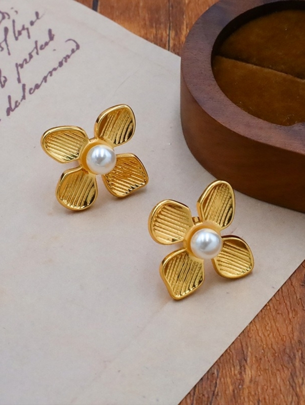 Stainless Steel Gold Flower Pearl Stud Earrings for Women